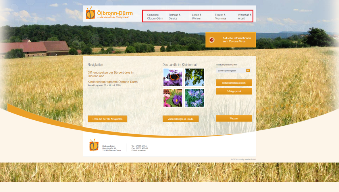 Menü auf der Startseite